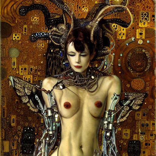 Prompt: winged cybernetic demon trapped in circuitry, intricate detail, klimt, miro, royo, whealan, figure study,