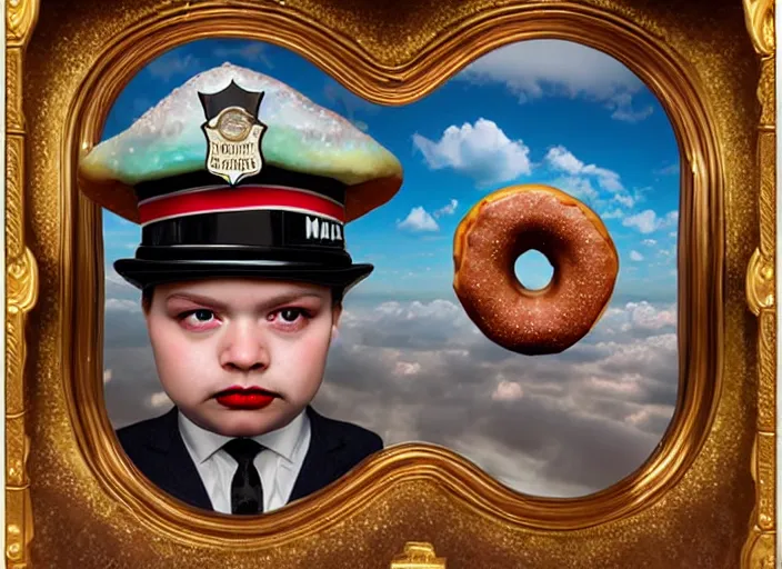 Image similar to a donut wearing a cop hat, lowbrow, matte painting, 3 - d highly detailed, in the style of mark ryden,