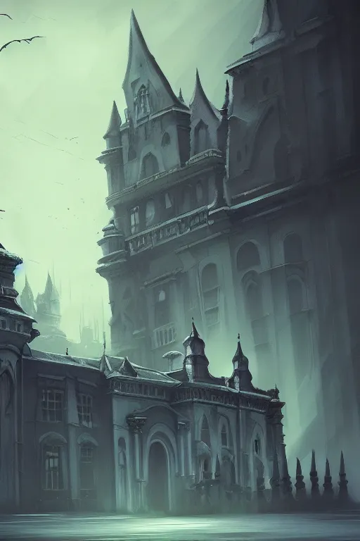 Image similar to concept art of a haunted palace, imposing view, cinematic, horror, photorealistic, vintage, artstation, painterly, expressive