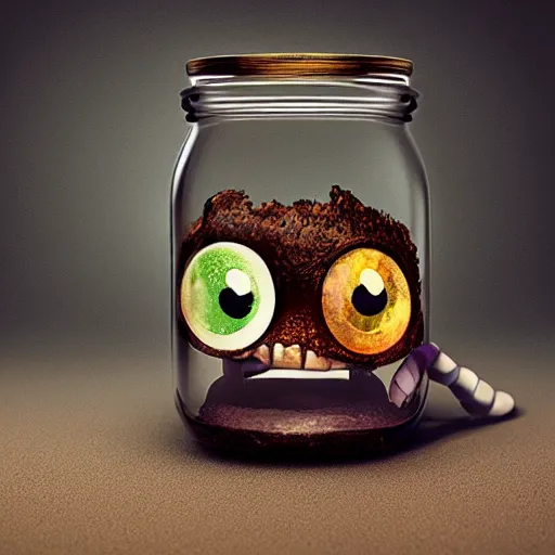 Prompt: cute monster in a jar by Greg Rutkowski, product photography, centered, studio lightning