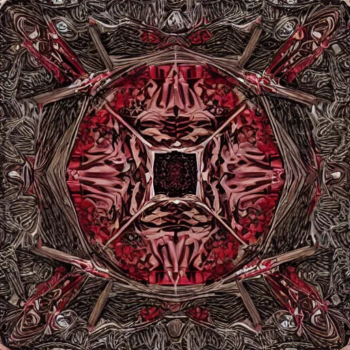 Image similar to a red and black cystal in the wood table in digital in art intricate, fantasy