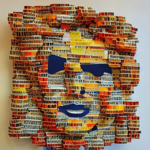 Image similar to a portrait of a donald trump constructed from mcdonalds packaging, collage, trash, layered composition, layers, texture, mcu,, highly textured, layered, sculpted, dynamic,