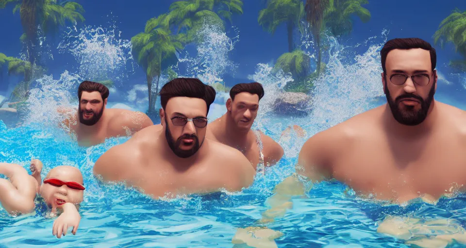 Image similar to digital art painting of exactly three brothers and their slightly overweight father in a swimming pool , unreal 5, DAZ, hyperrealistic, octane render, volumetric clouds dynamic lighting