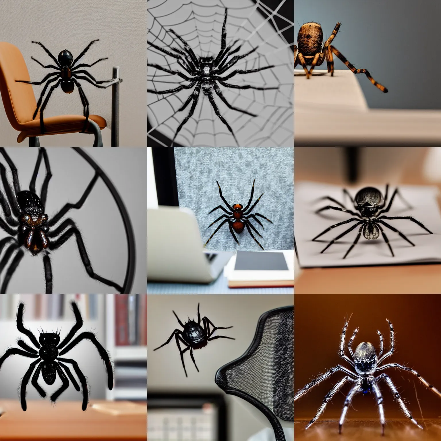 Prompt: spider sitting in chair behind desk