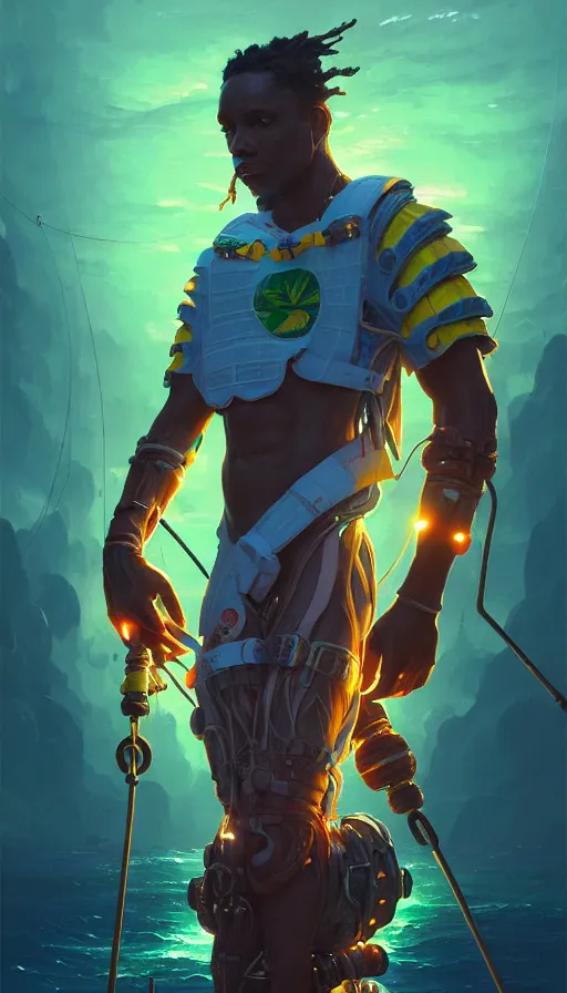 Image similar to portrait of a jamaican fisherman sci - fi glowing fishing armor muscular cyberpunk intricate elegant highly detailed digital painting artstation concept art, jamaican flag background, greg rutkowski, loish, rhads, ferdinand knab, makoto shinkai and lois van baarle, ilya kuvshinov, rossdraws, tom bagshaw
