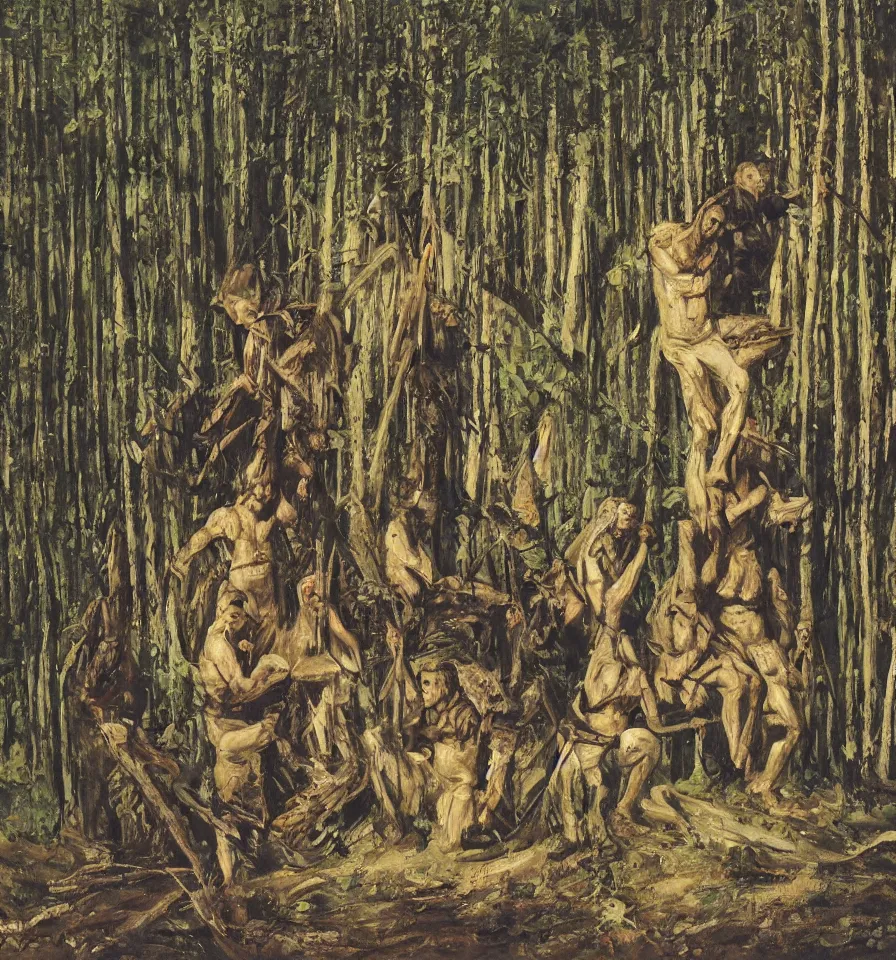 Image similar to four warrior angels lost in a forest painted by akseli gallen and ivanov vsevolod