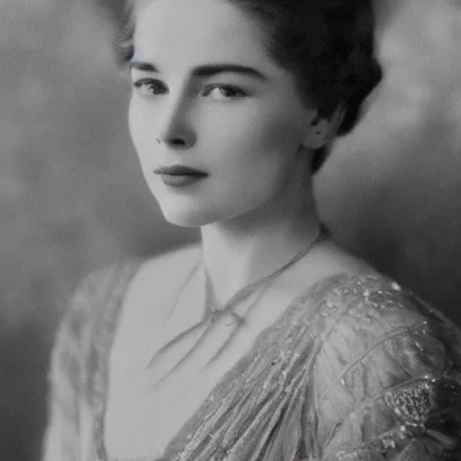 Prompt: edwardian photograph of a mix of grace kelly and emilia clarke, 1 9 0 0 s, 1 9 1 0 s, grainy, slightly blurry, faded, realistic face, elegant, graceful, vintage hollywood star
