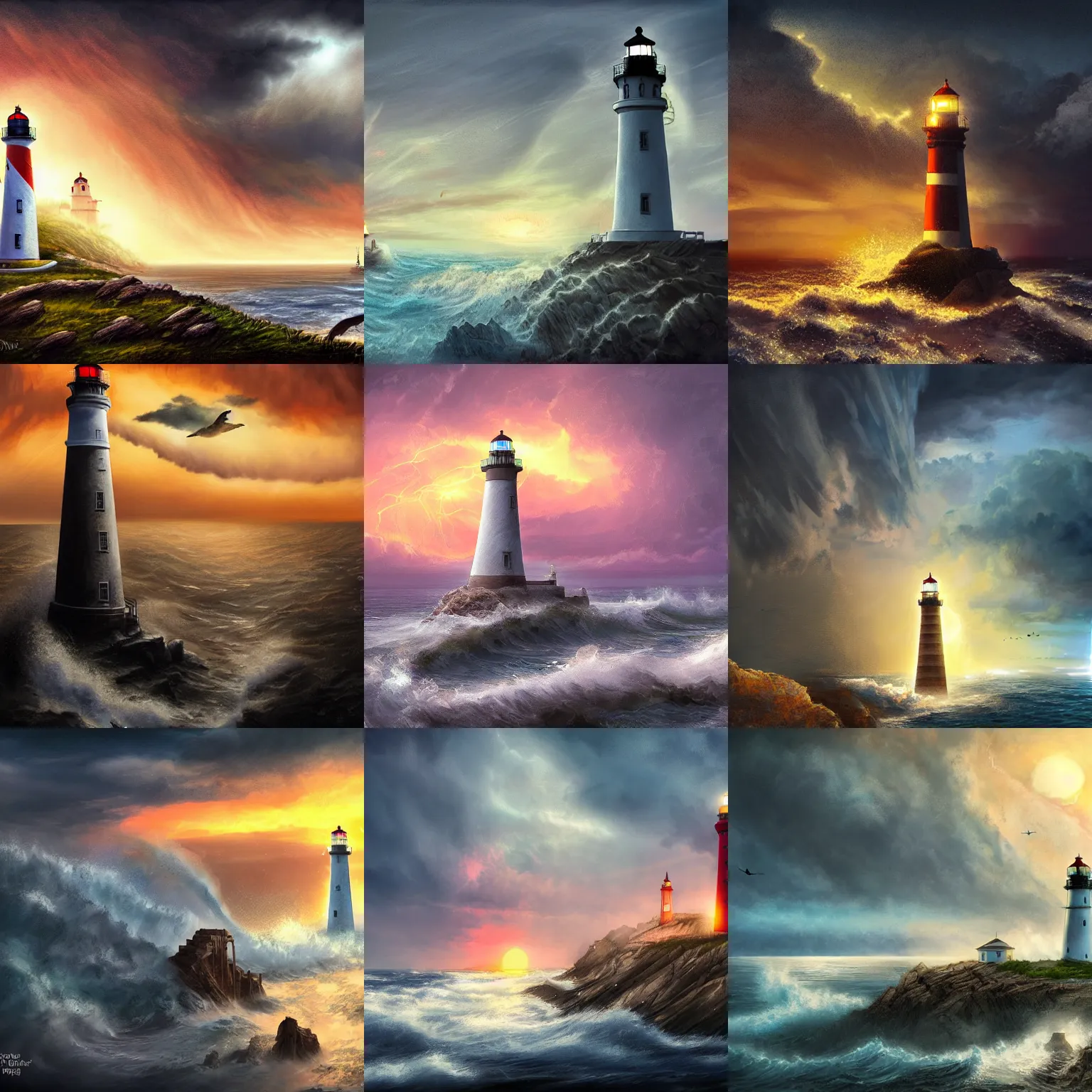 Prompt: huge lighthouse, night sea storm, sunset, godrays, bird view perspective, top-front view, fantasy digital art, heroic, fight, in style of kyrill kotashev, will murai, tia masic
