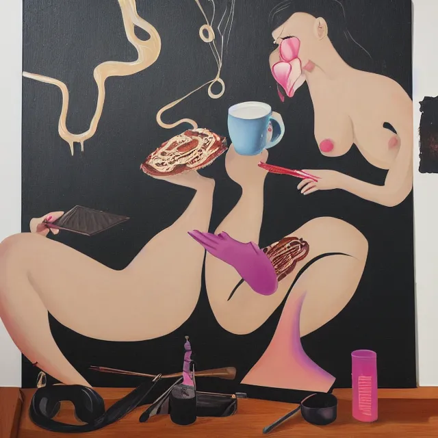 Image similar to sensual, a portrait in a female art student's bedroom, black walls, a woman drinking coffee, pancakes, maple syrup dripping, chocolate, surgical supplies, ikebana, octopus, neo - expressionism, surrealism, acrylic and spray paint and oilstick on canvas