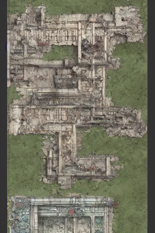 Image similar to full - color fantasy floor plan map of a ruined temple, by greg rutkowski and james gurney, trending on artstation