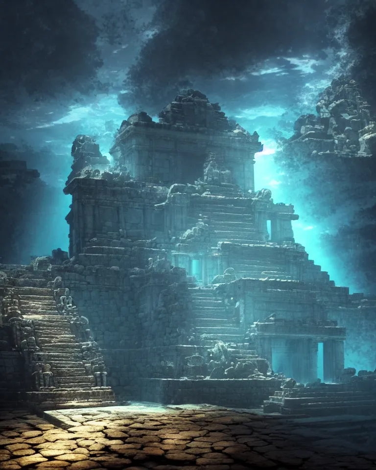 Prompt: ultrawide shot of submerged pre - incan temple, anime style mixed with fujifilm, dark, underwater, symmetrical, bubbles, abyss, dark, murky, foggy, atmospheric, crepuscular rays, artstation, cgsociety, octane render, cgi, unreal engine 5, denoise, detailed, cinematic masterpiece