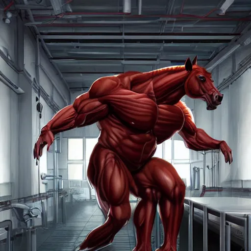 Image similar to a hulking musclebound male anthro horse in a research facility, skintight kevlar outfit with red highlights, exaggerated physique, highly detailed, anthro art, furaffinity, digital painting, artstation, sharp focus, smooth, concept art, illustration, art by artgerm, greg rutkowski, wlop