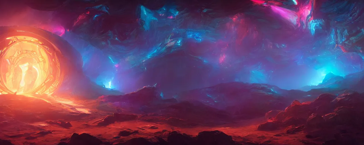 Image similar to a hyper realistic painting of a astral nebula portal, cinematic lighting, lit by morning light, by finnian macmanus and jessica rossier, unreal engine, featured on artstation, ultrawide angle,