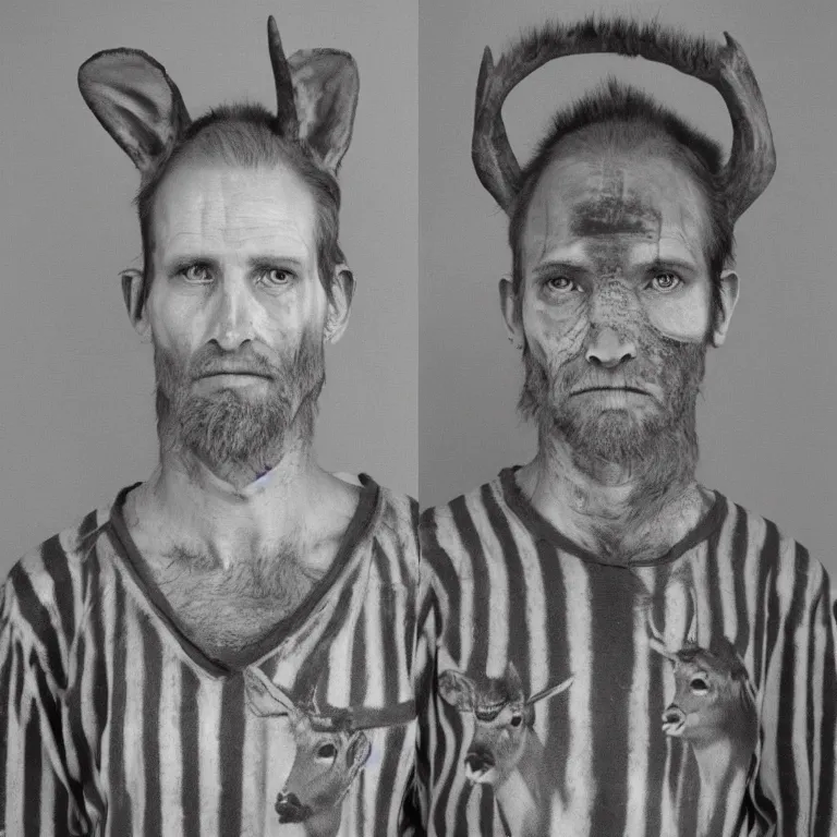 Image similar to deer headed man, striped prison clothing, old jail mugshot