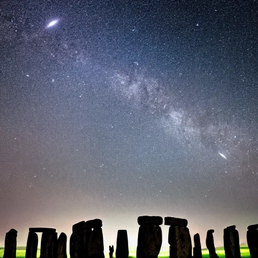 Prompt: a high - quality photo of the perseid meteor shower over stonehenge, isometric, realistic, milky way, long exposure, iso 1 6 0 0, astrophotography, f 2. 8