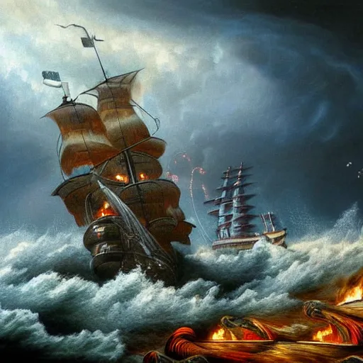 Image similar to a highly detailed hyperrealistic scene of a ship being attacked by giant squid tentacles, jellyfish, squid attack, dark, voluminous clouds, thunder, stormy seas, pirate ship, dark, high contrast