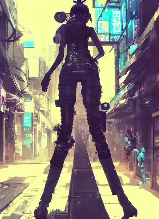 Image similar to hyper - realistic cyberpunk anime girl standing on tokyo street, extreme detail, concept art, in style of yoji shinkawa, pan ren wei, col price, atey ghailan, by greg rutkowski, by greg tocchini, by james gilleard, by joe fenton, by kaethe butcher, grunge aesthetic