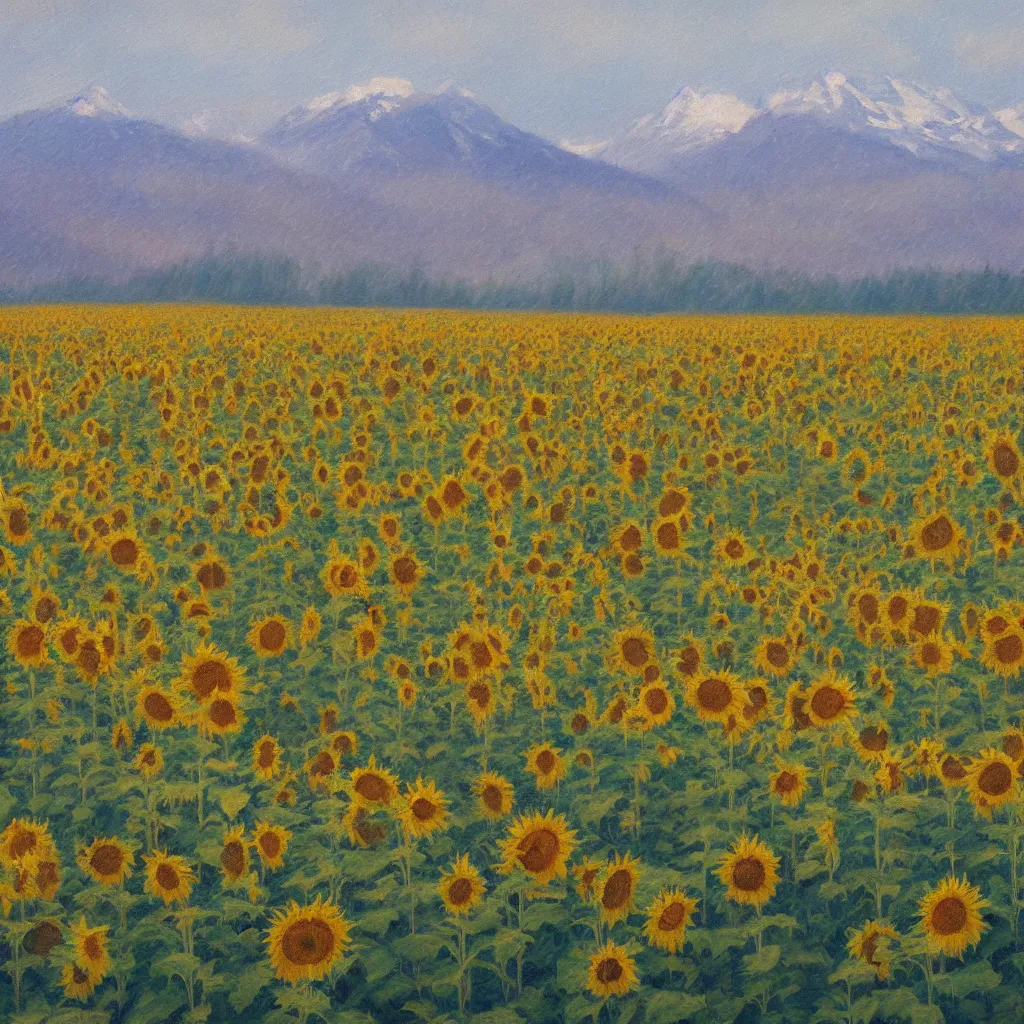 Image similar to impressionism painting of a field of sunflower on a foggy morning, red barn in distance, sun low on horizon through snow capped mountains, soft light