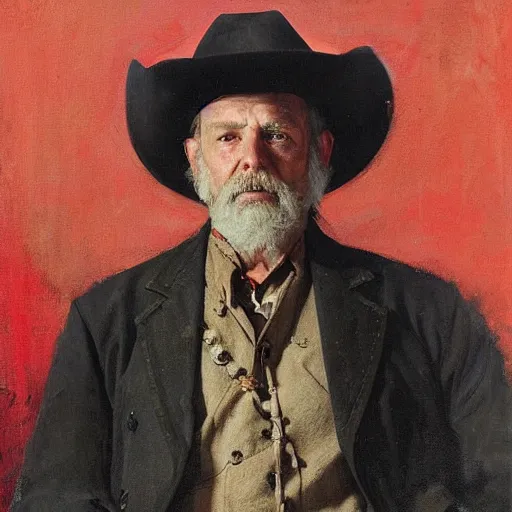 Prompt: Solomon Joseph Solomon and Richard Schmid and Jeremy Lipking victorian genre painting portrait painting of a old rugged cowboys gunfighter old west character in fantasy costume, red background