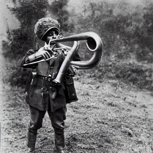 Prompt: A gypsy paratrooper with rifle blowing his trumpet