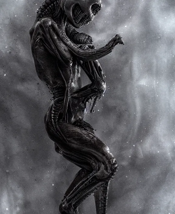 Image similar to xenomorph hugging pale sad beauty merging, dark mist colors, giger background liminal void, digital art, cinematic lighting, realistic, award winning photograph, various refining methods, micro macro autofocus