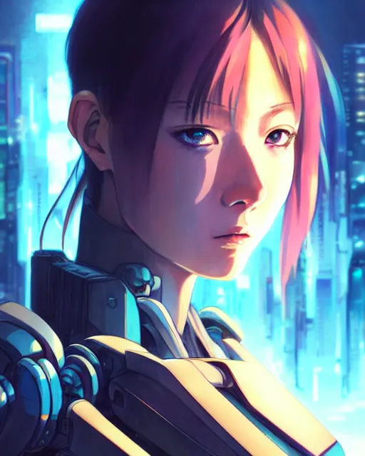 Image similar to portrait Anime Girl in mecha armor in night tokyo Sharp fine face pretty face, realistic shaded Perfect face, fine details. Anime. cyberpunk realistic shaded lighting by katsuhiro otomo ghost-in-the-shell, magali villeneuve, artgerm, rutkowski Jeremy Lipkin and Giuseppe Dangelico Pino and Michael Garmash and Rob Rey