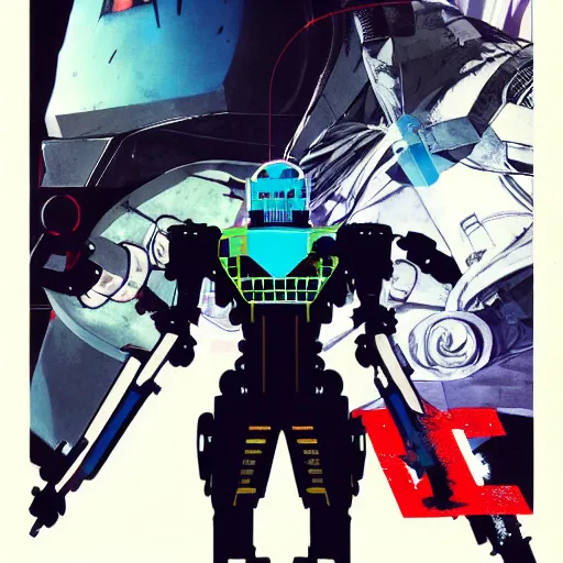 Image similar to the fullmetal neon friendly robot orion crosses the infinite boundary between reality and simulation, game poster by dave mckean, ivan shishkin, james jean and yoji shinkawa