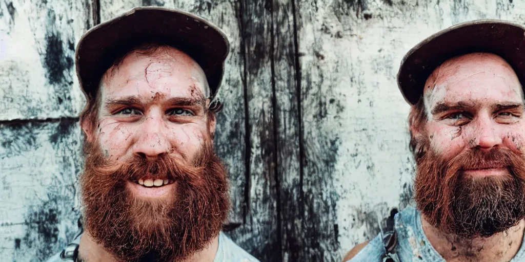 Image similar to extremely muscular beautiful handsome redneck white male with long beard, wearing dirty overalls, dirty greasy face, grin, portrait, close up, kodak gold 2 0 0, 5 0 mm