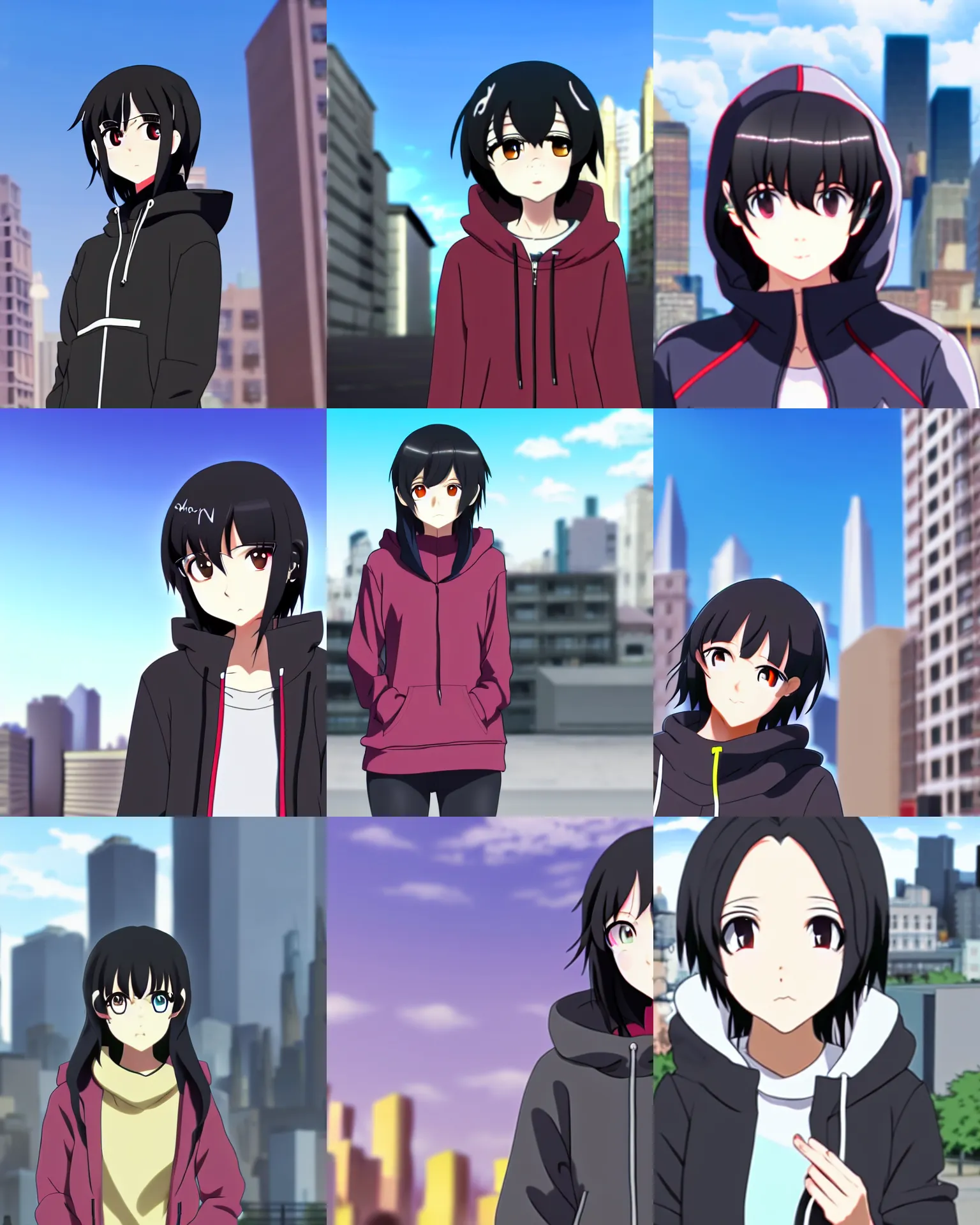 Prompt: black haired girl wearing hoodie, city bright daylight background, anime by shinkai makoto