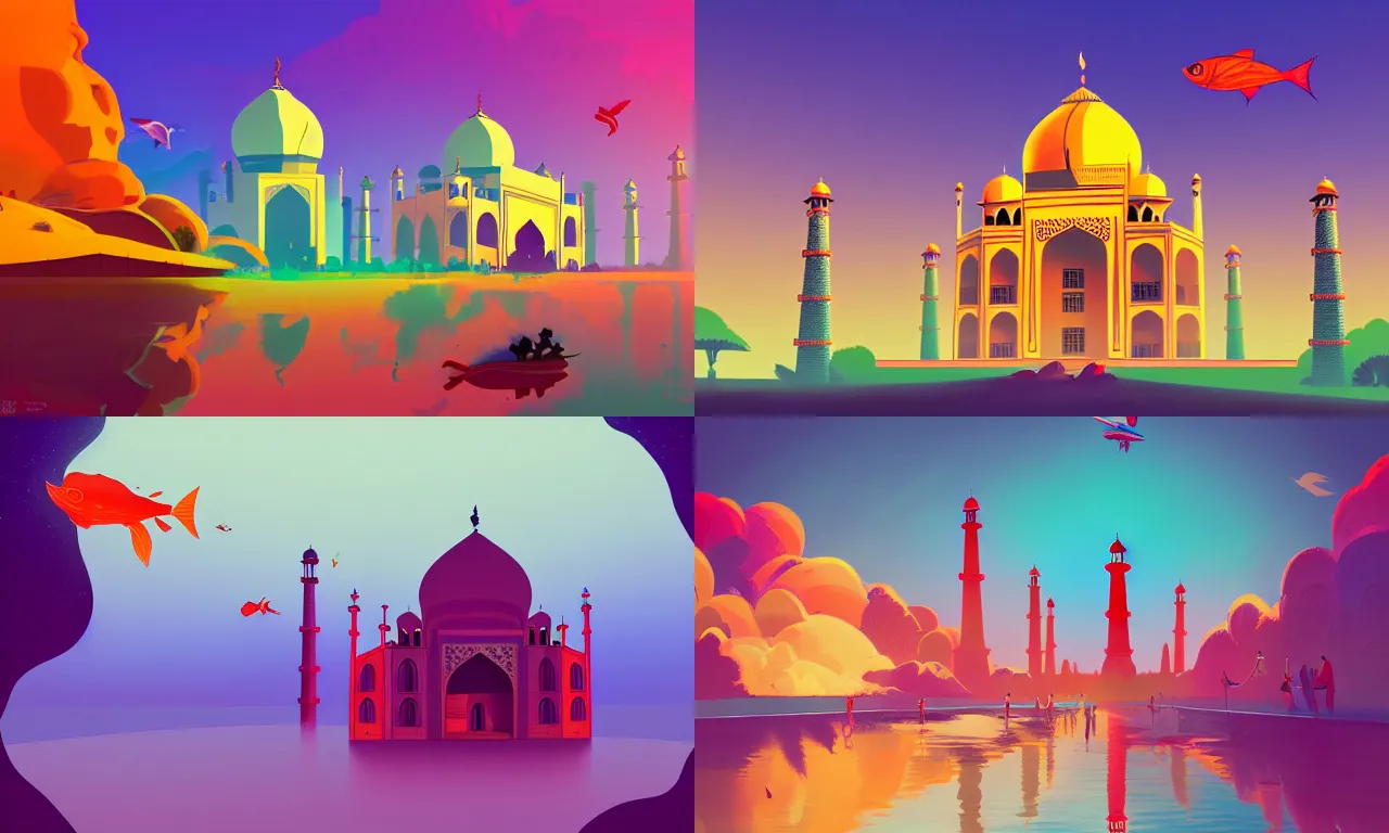 Prompt: the taj mahal in the morning light, colorful fish shuttle in the air, by anton fadeev on artstation, 4 k