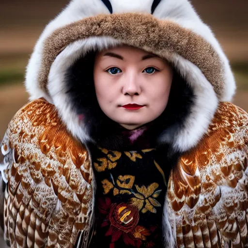 Prompt: symmetry!! portrait photograph shot on petzval lens of an extremely beautiful!!!! young blonde female with symmetric face. with a very detailed barn owl!!!!! on her shoulder. wearing mongolian traditional outfit in iceland. shallow depth of field. featured on flickr, art photography,