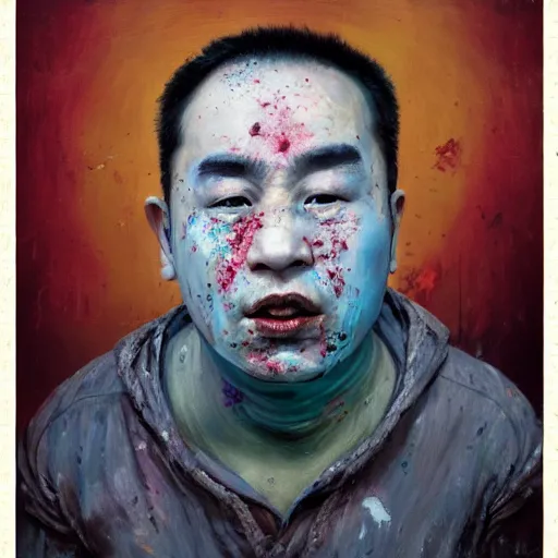 Image similar to photorealistic face portrait of chinese uyghur muslim prisoner, spilled paint, wearing victorian rags, elite, disfigured, drooling, moist, unnatural movement, they are unhappy, bizzaro, baroque, renaissance, by emedios varo and anato finnstark and fenghua zhong, hyperrealism, 8 k, 3 d, masterpiece, texture