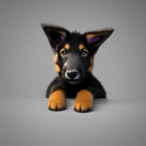 Image similar to eye - level view, a super cute gsd puppy ate my homework in my room and woke up the next day smart, hilarious, funny, back to school comedy, cg animation, 3 d octane render, imax 7 0 mm,