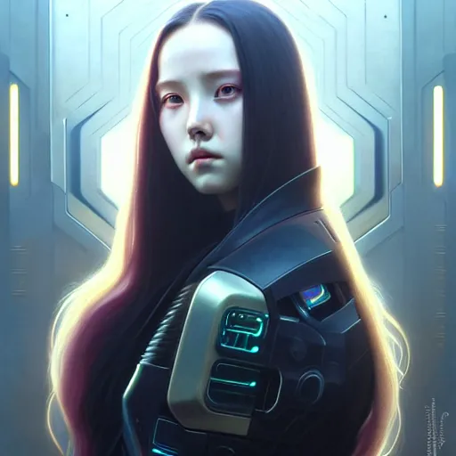 Image similar to portrait painting of a cyberpunk olivia hye from loona, ultra realistic, concept art, intricate details, eerie, highly detailed, photorealistic, octane render, 8 k, unreal engine. art by artgerm and greg rutkowski and magali villeneuve and alphonse mucha
