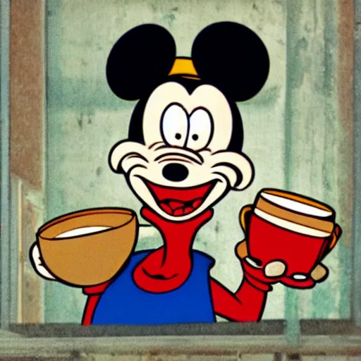 Prompt: popeye and mikey mouse taking coffe together