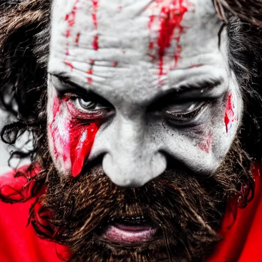 Image similar to film still photo portrait of a crazed homeless beaten up ronald mcdonald with heavy wrinkles and a beard, realistic, hyperrealistic, 8 k resolution, hd quality, very detailed, highly detailed, intricate details, real life, real world, trending on artstation, digital art, really realistic, very realistic, headshot, head in frame, photograph, portrait