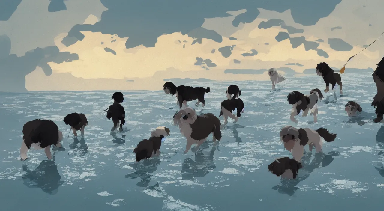 Prompt: havanese dogs dragging arctic explorers by their clothes from the water, 1 9 0 0, tartakovsky, atey ghailan, goro fujita, studio ghibli, rim light, scary, afternoon lighting, clear focus, very coherent