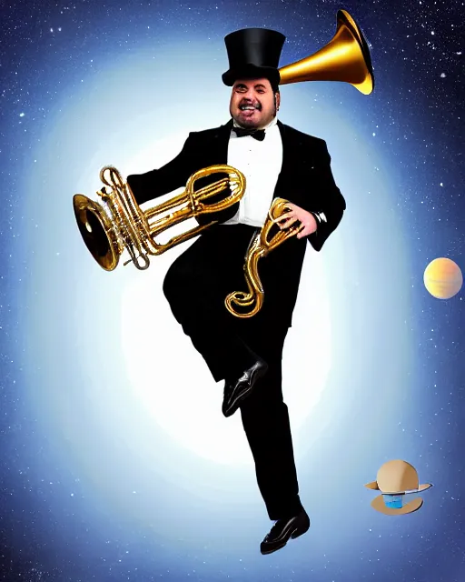 Prompt: photorealistic studio portrait of ian karmel playing a french horn, wearing a top hat, with a space background