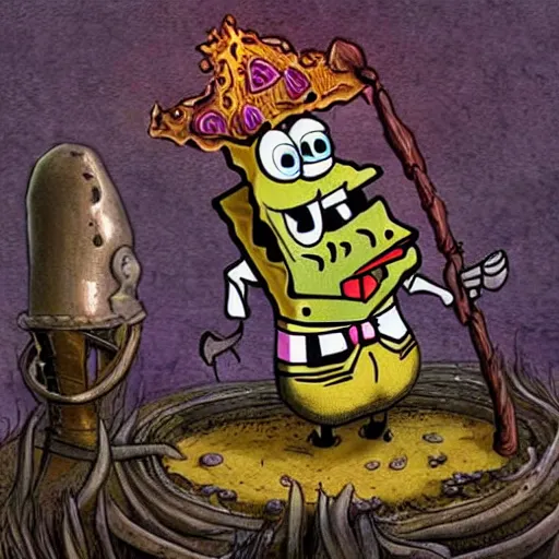 Prompt: spongebob squarepants as a dark souls boss by H.R. Giger