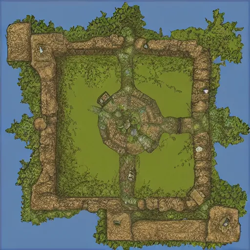 Prompt: overhead RPG battlemap of a stone fort sitting above a swamp, drivethruRPG top seller popular