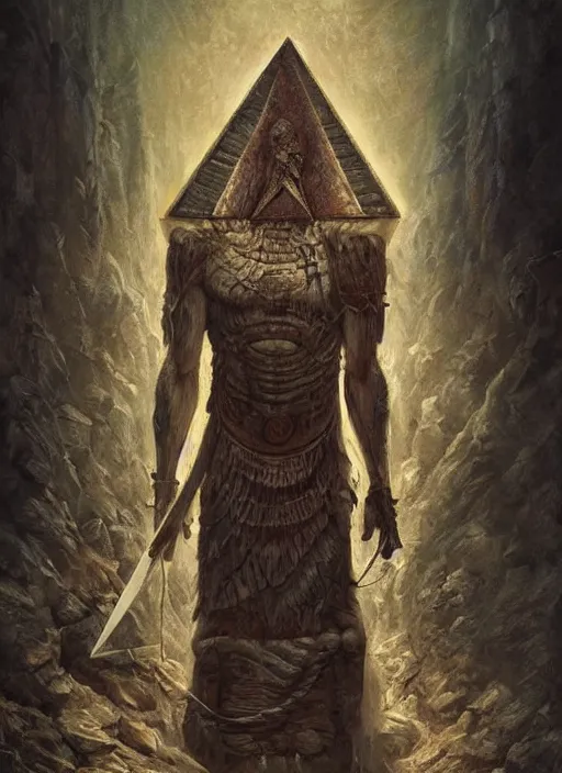 Image similar to digital _ painting _ of _ pyramid head mayan god of death _ by _ filipe _ pagliuso _ and _ justin _ gerard _ symmetric _ fantasy _ highly _ detailed _ realistic _ intricate _ port