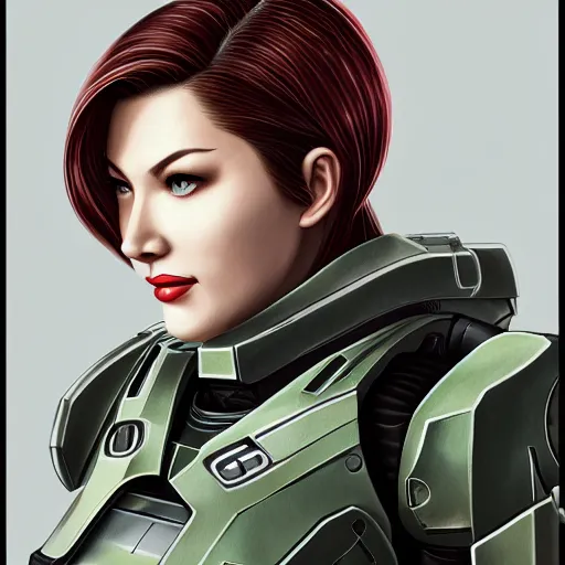 Image similar to A combination of Ada Wong's and Grace Kelly's and Katheryn Winnick's appearances with blonde hair wearing Master Chief's armor from Halo, high tech, action shot, angular, full body portrait, futuristic, dramatic, fantasy, intricate, elegant, highly detailed, digital painting, artstation, concept art, matte, sharp focus, illustration, 8K, art by tian zi and WLOP and alphonse mucha