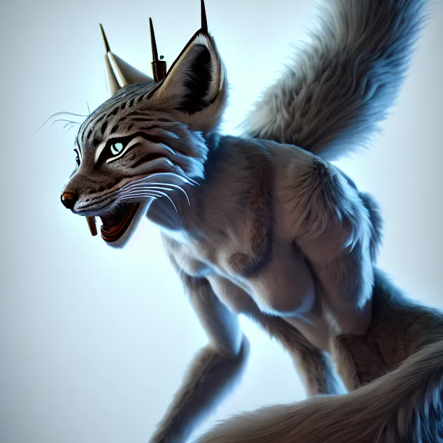 Prompt: the full body of anthropomorphic lynx fursona from behind wearing a steampunk suit as unimaginably beautiful, gorgeous, elegant, young woman with lynx head, an ultrafine hyperdetailed illustration by furaffinity, intricate linework, white fur, unreal engine 5 highly rendered, global illumination, radiant light, detailed and intricate environment