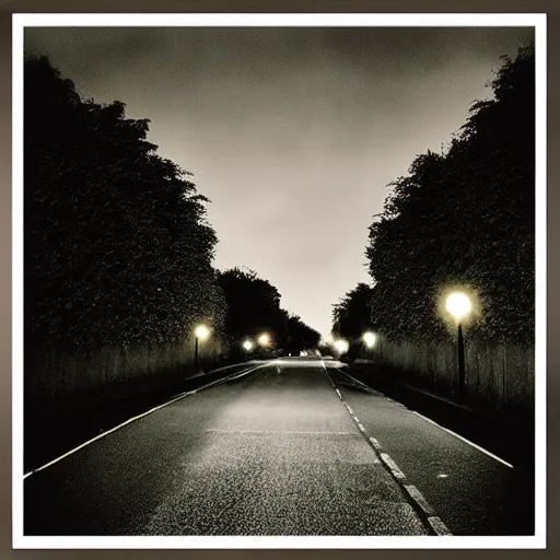 Image similar to Beautiful cameraphone, soft liminal Photograph of estate road, hedge night, streetlight.