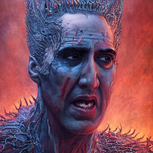 Image similar to Nicolas Cage as god of chaos in flames screaming dark fantasy, intricate, smooth, artstation, painted by Wayne Barlowe, Greg Rutkowski, Zdislav Beksinski