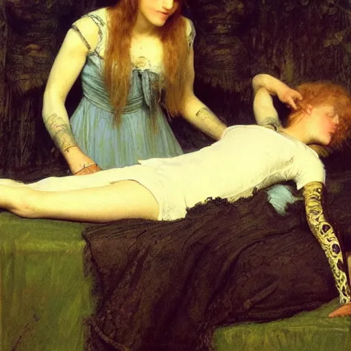 Image similar to by millais, painting, mummies, cannibals, vampires, 8 k, highly detailed,