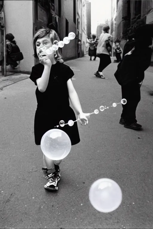 Image similar to street, 2 tomboys blow gum bubbles, 1 9 8 0 s film photography, exposed b & w photography, christopher morris photography, bruce davidson photography, peter marlow photography