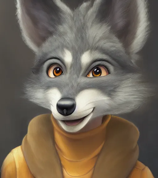 Image similar to oil painting of anthromorphic furry female wolf, in style of zootopia, female fursona, furry, furaffinity, 4 k, deviantart, furry art, fursona art, wearing black business suit, business suit, wolf fursona, female, tired expression,