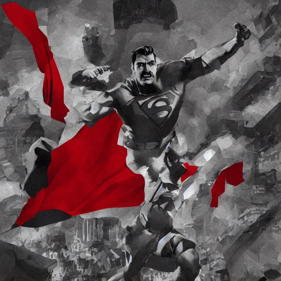 Prompt: stalin as superman, red son, socialist realism, sovietwave aesthetic, hammer and sickle, red square moscow, groundbreaking, award winning, breathtaking, superb, epic, hyper realistic, ultra detailed picture, intricate digital art, trending artstation, 8 k, unreal 5, arnold gpu + octane workflow, volumetric lighting, rich moody colors, fan art, concept art