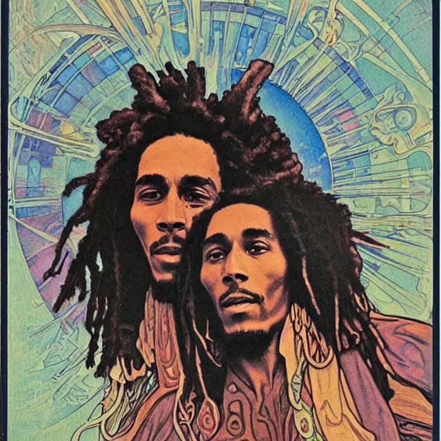 Prompt: polaroid of a vintage record cover by Franklin Booth showing a portrait of Bob Marley as a futuristic space shaman, Alphonse Mucha background, psychedelic art, star map, smoke, sciFi